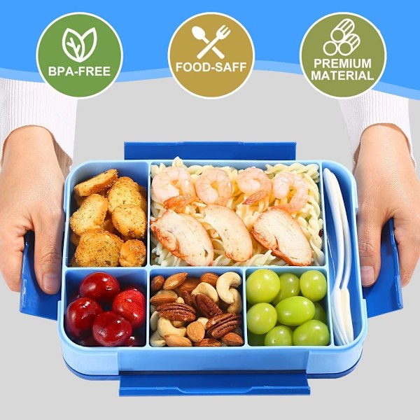 Bento Box för barn och vuxna, stilrena matlådor för vuxna och tonåringar med 5 fack, hållbar, mikrovågsugns-/diskmaskinsäker (Blå) Blue