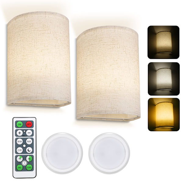 Vägglampor Set 2-pack Vägglampa 3 Färger Tygskärm Ljus Dimbar Vägglampa Armaturer med Fjärrkontroll för Sovrum Vardagsrum