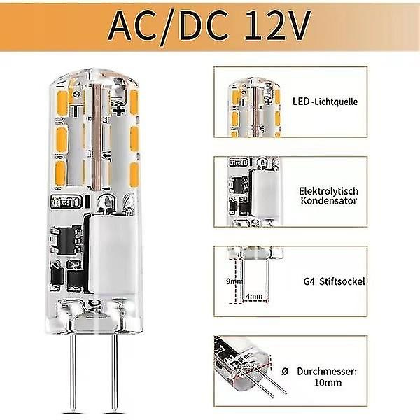 10x G4 LED-pærer 12V AC/DC Varmt Hvit 3000K 2W, dimmbare lys - WELLNGS