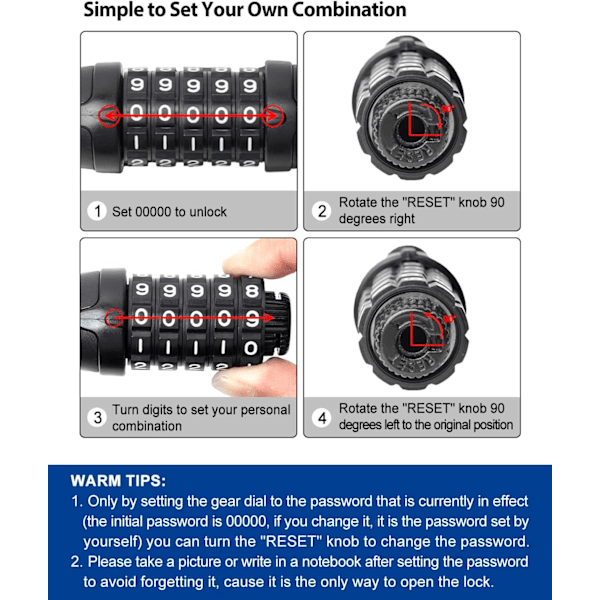 Cykellås, høj sikkerhed 5-cifret nulstillelig kombinationslås til cykler, kraftig tyverisikret kabellås - sort
