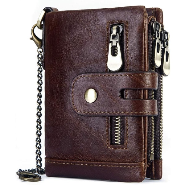 Herrplånbok med kedjeblockering Herrplånbok i äkta läder Bifoldad plånbok med kreditkortshållare och dragkedja med myntficka Julklapp