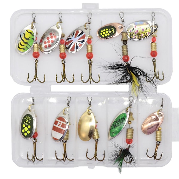 10 pcs spinners in a practical box, nice multi-coloured fishing lures