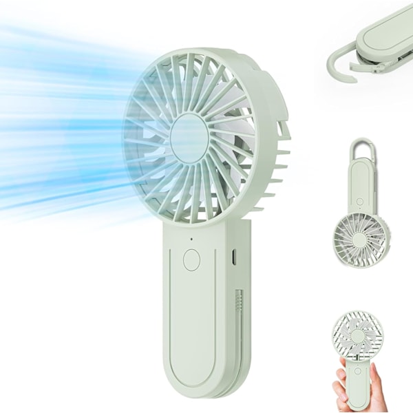 Mini Bærbar Ventilator, 【12 Timers Maksimal Driftstid】USB Ventilator Teleskopisk Krog, Lille Lommeventilator med 3 Hastigheder til Kvinder, Mænd, Indendørs & Udendørs (Grøn)