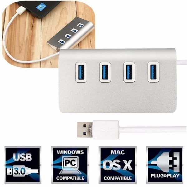 4 Port USB 3.0 Hub Splitter Hög Hastighet Dataöverföring För Mac PC Laptops Smartphones Tablets Pen Flash Drives (SILVER)