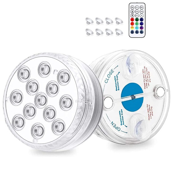 Vattentät nedsänkbar LED-lampa, IP68 flerfärgad undervattenspoollampa med fjärrkontroll för badkarsljus (paket med 2)
