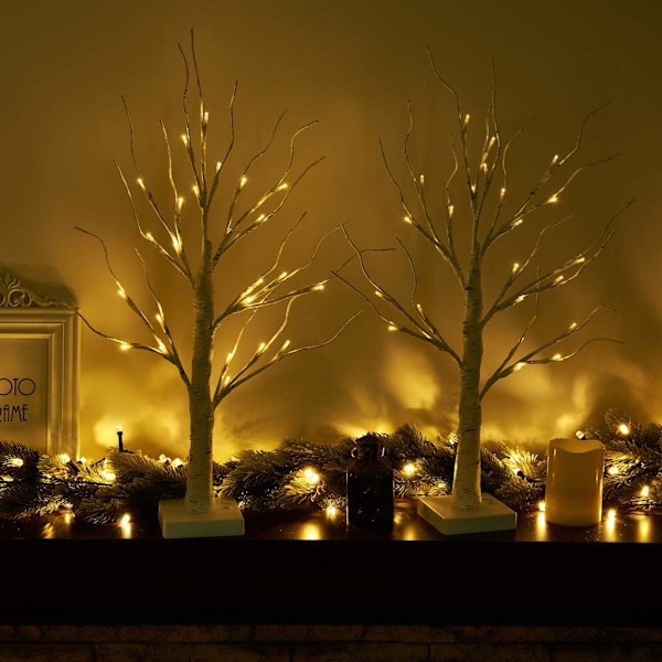 Set med 1 liten björk kvist träd lampor foto display träd med 24 varmvita LED-lampor batteridriven bordsdekoration för jul hemfest bröllop 60cm