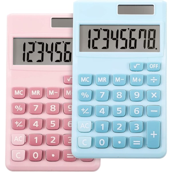 2 Stycken Miniräknare Mini Digital Miniräknare med 8-siffrig LCD-skärm Fickstorlek för Barn Hemmaundervisning (Blå, Rosa)