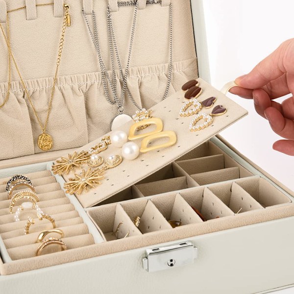 Smykkeskrin, dobbeltlags PU læder opbevaringsboks til kvinder til ringe, øreringe, armbånd, halskæder, smykkeorganisator gaveæske (Mors dags gave) White