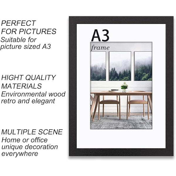 A3 Bilde Ramme, A3 Ramme med Plexiglass og Montering, Bilde Rammer for Kun Veggmontering, Massivt Tre, Svart, 1-pakning
