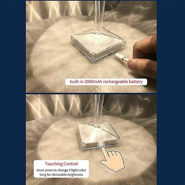 Diamond Crystal Bordlampe, USB Genopladelig Krystal Soveværelse Natlampe, Justerbar Temperatur/Lysstyrke