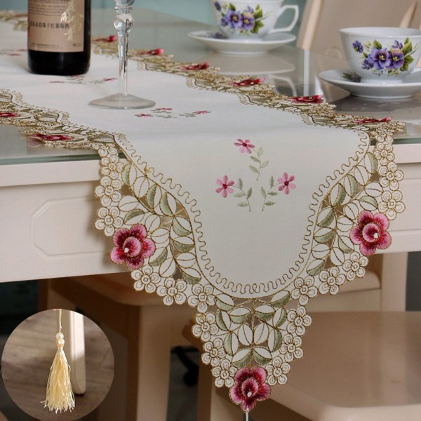 Bordslöpare 40x176cm, cover dekoration ihåligt mesh blommig bordsduk Vintage broderade blommor bordslöpare för hem, fest, bankett