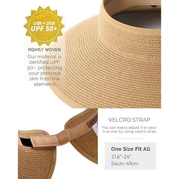 Dame Solhat Bred Skygge Strå Rul Sammen Foldbar Hestehale Sommer Strandhat UV UPF Foldbar Rejse