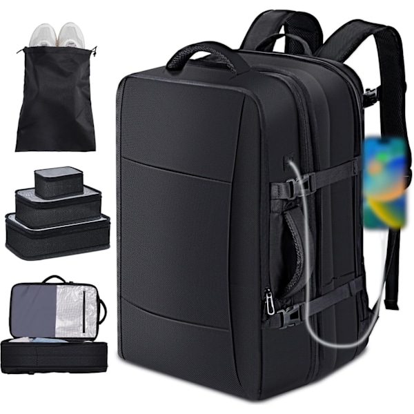 Flykabinklar reise-ryggsekk 30L-40L, Stor tyverisikker håndbagasje for 17-tommers laptop vanntett svart