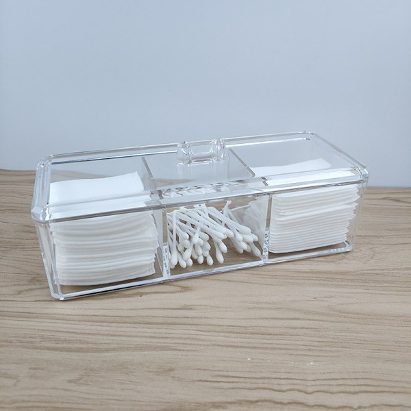 Holder til vatrondeller/vatpinde, med 3 rum, klar akryl badeværelsesbeholder Vanity Organizer Box til vatpinde, kosmetiske pads, hårelastikker, smykker