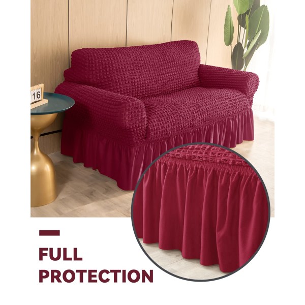 Loveseat Slipcover 1 del för 2-kudds cover med kjol, hållbart tvättbart, lättpassat universal möbelskydd (2-sits, rött vin)