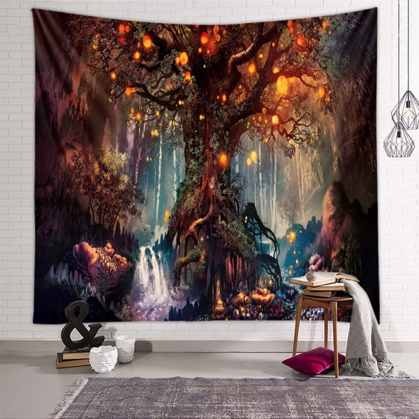 Livets träd Vägghängande, psykedeliska gobelänger Vattenfall under uråldriga trädgobelänger, Fairy Wall Tapestry Dekoration Hängande filt
