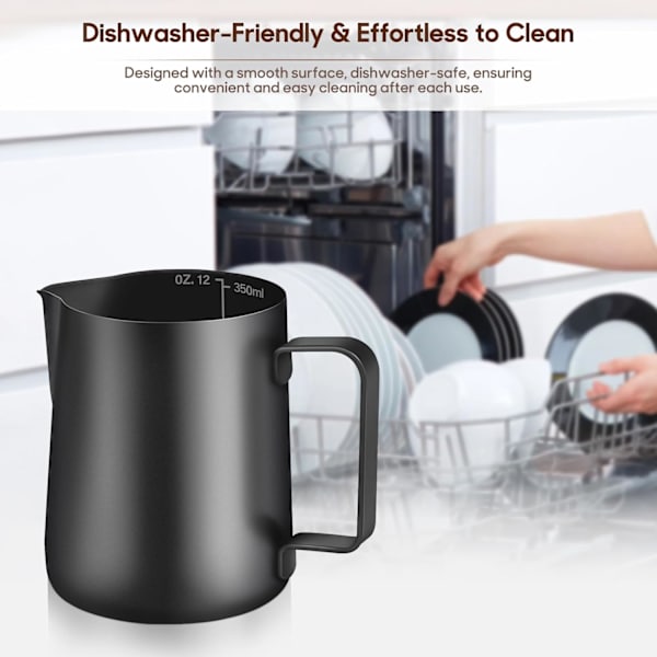 Svart melkeskummerkanne i rustfritt stål for barista, metallkanne for skumming av melk, melkekanne i rustfritt stål for kaffe - 350 ml (12 oz) black