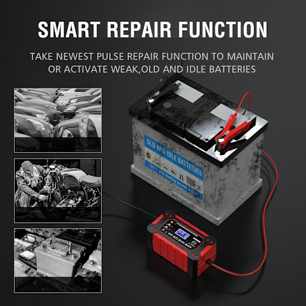 12V 6A Batterilader, Smart Batterilader og LCD-skjerm, Bilbatterilader for Biler, Motorsykler, Lastebiler, AGM, Gel, SLA (2Ah-100Ah)
