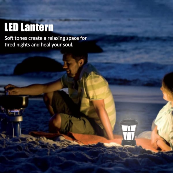 Solcellelampe til Camping, Genopladelig Retro Lanterne Dæmpbar Lampe med Flamme, Vandtæt Bærbar Udendørs Lampe til Have, Gård, Indendørs Udendørs Dekoration