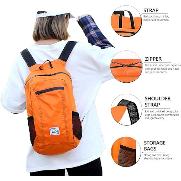 Vandringsryggsäck, ultralätt vattentät hopfällbar sport lätt ryggsäck, lämplig för utomhuscamping picknick vandring, orange orange