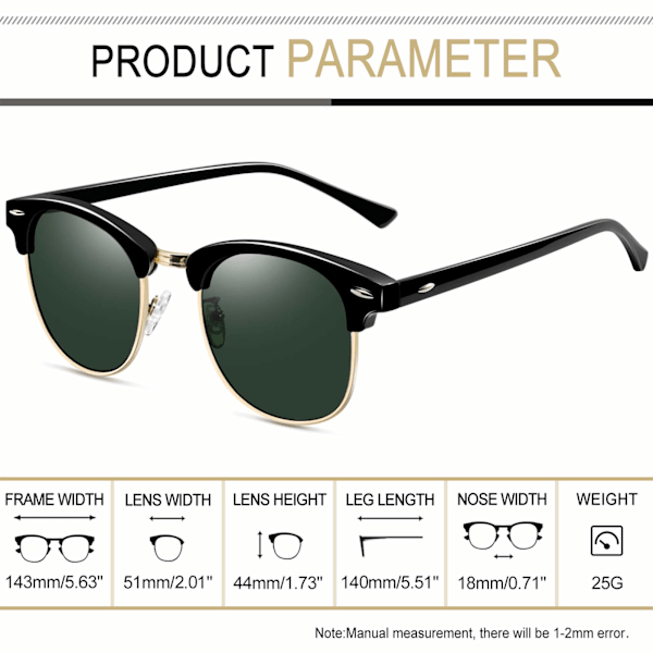 Semi-Rimless Polariserede Solbriller Herre - UV400 Beskyttelse Retro Halv Ramme Solbriller Unisex Polariserede Herre Dame Solbriller