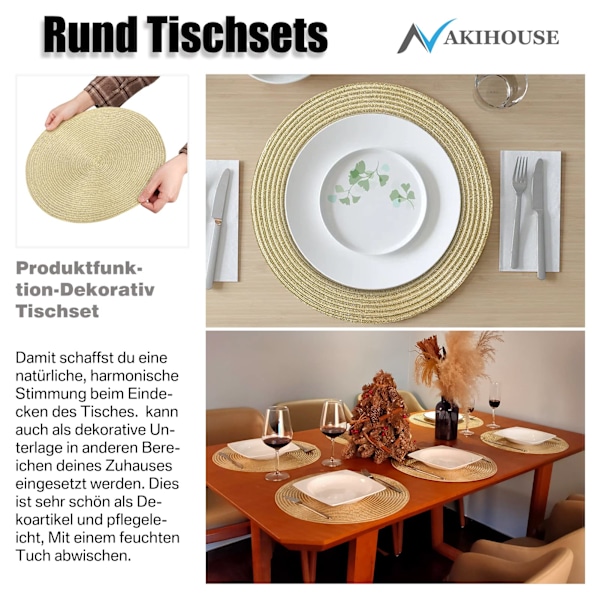 Beige punotut pyöreät tabletit, 6 kpl, lämmönkestävät pestävät tabletit keittiöön, 38 cm, kulta Gold