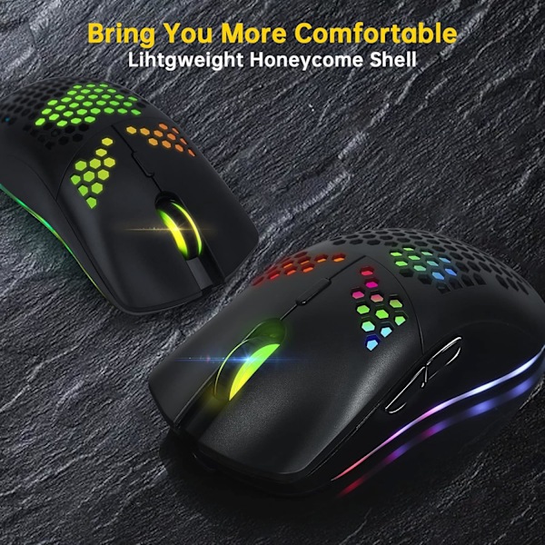 Trådløs Gaming Mus, Datamus med Honeycomb-skall, 11 RGB Bakgrunnsbelyst, 3400 DPI, 6 Programmerte Knapper, USB-mottaker, Trådløs Mus for PC/Mac/Laptop