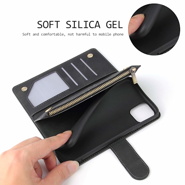 Wallet Case til iPhone 11, Håndtaske med Lynlåslomme, Støttefod, Kortholder Slots med Håndledsrem TPU Stødsikkert Flip Cover til iPhone 11 - Sort