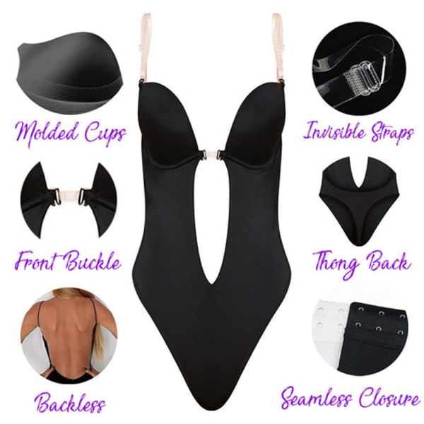 Kvinners Ryggløse Formerende Bodysuit Shapewear BH Kroppformer Deep V-Hals Klar Stropp Magekontroll Undertøy Sømløse Bodysuits for Lav Ryggkjole, M