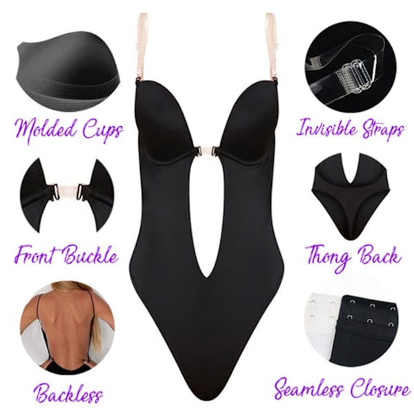 Kvinners Ryggløse Formerende Bodysuit Shapewear BH Kroppformer Deep V-Hals Klar Stropp Magekontroll Undertøy Sømløse Bodysuits for Lav Ryggkjole, XL