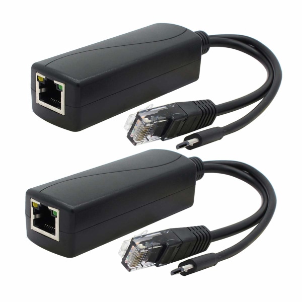 2-Pack Gigabit PoE Splitter, 48V til 5V 2.4A Micro USB Ethernet Adapter, Fungerer med Raspberry Pi 3B+, IP-kamera og mer