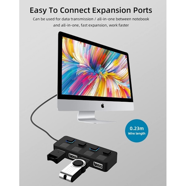 4-porttinen USB 2.0 -keskitin yksittäisillä LED-valoilla varustetuilla virtakytkimillä [Latausta EI tueta] Macille ja PC:lle (musta USB 2.0)