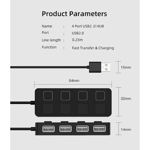 4-Port USB 2.0 Hub med individuelle LED-belyste strømbrytere [Lading IKKE støttet] For Mac & PC (Svart USB 2.0)