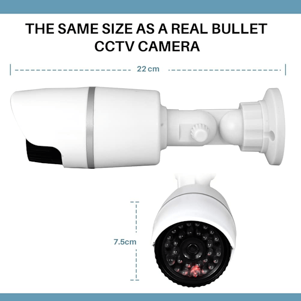 Falsk CCTV-kamera, falsk bullet-sikkerhedskamera med blinkende LED, vandtæt til indendørs eller udendørs brug, professionelt sort og hvidt hus