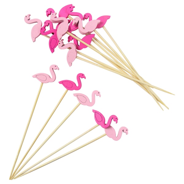 100 Counts Flamingo Cocktailpinnar, handgjorda träspett med flamingoprydnad, födelsedagstillbehör för tropisk djungel Flamingo-festdekoration D
