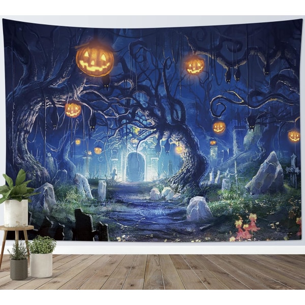 Halloween Tapestry Haunted Woods At Night, Haudoilla ja Pumpkin Seinäpeitolla, Soveltuu kodin juhlakoristeeksi, 80w x 60h tuumaa 80" x 60"