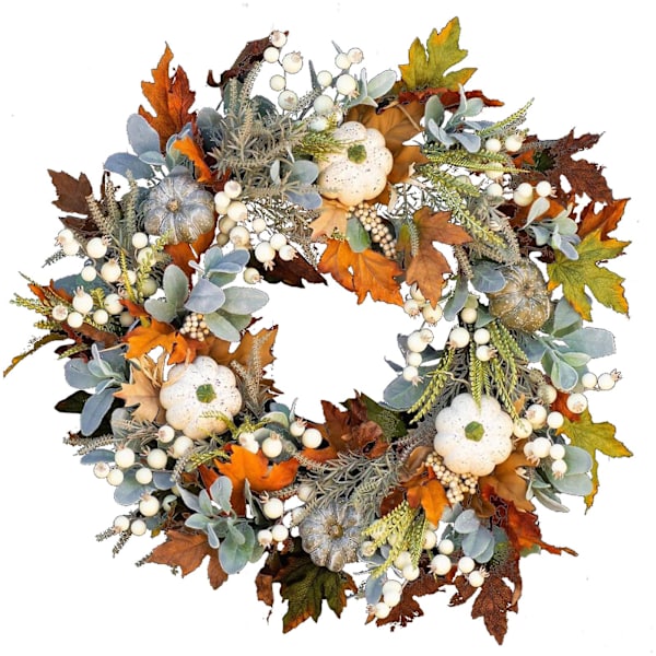 18\" Thanksgiving Halloween Dörrkrans för Framdörr, Höstsimuleringskrans, Konstgjord Krans med Pumpa, Lönnlöv, Tallkottebär för Upphängning