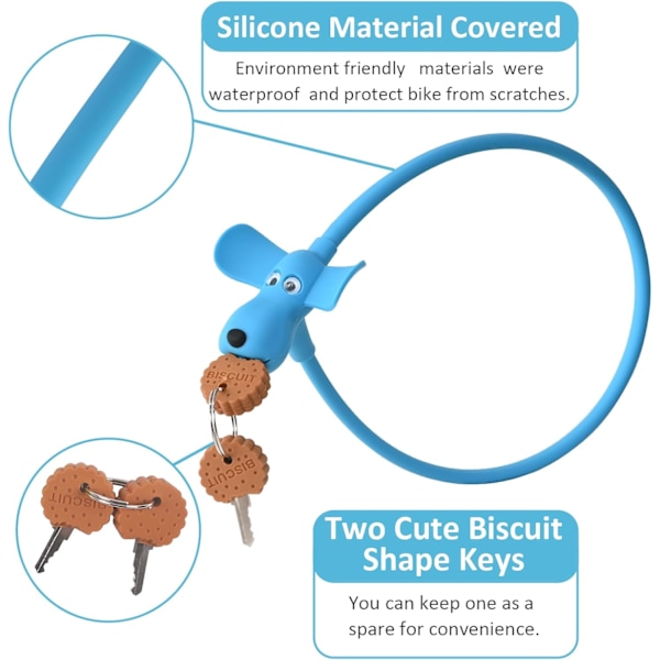 Sykkellåskabel, kabellås med nøkler, silikonbelagt sykkellås, barnesykkellås, tegneseriefigur (blå)