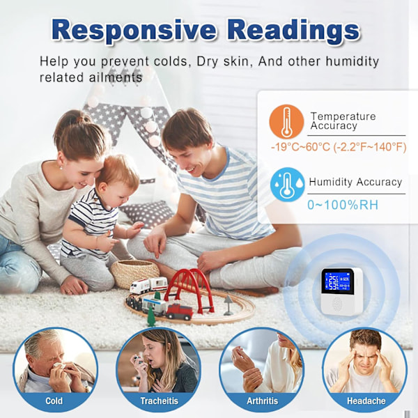 WiFi Temperatur Fugtighedsmonitor, med LCD Display Buzzer Alarm & App Alert Smart Temperatur Fugtighedssensor (2 stk)