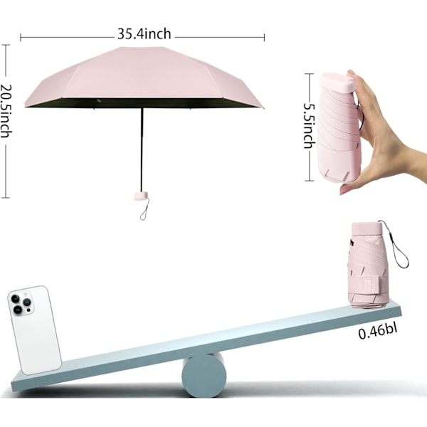 Mini Rejse Solskærm til Taske med Etui, Lille Kompakt UV Sol- og Regnparaply, Letvægts Bærbar Vindtæt Parasol med 99% UV-Beskyttelse Cherry Blossom Pink