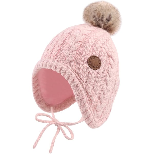 Baby Pojkar Vintermössa Sammetsfodrad Småbarnsmössa med Öronlappar Varma Babymössor för Flickor med Pompon Pink