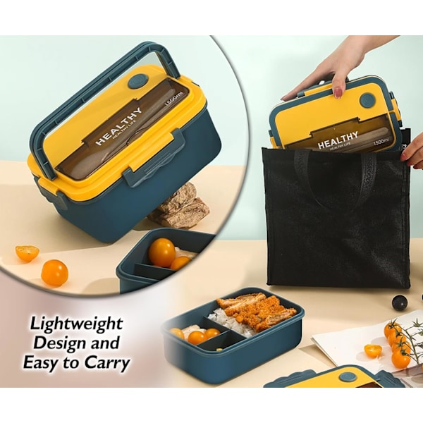 1500 ml japansk stil Bento lunchlåda läckagesäker, 3-i-1 fack, återanvändbar Bento lunchlåda måltidsförberedelsebehållare (blå) Navy