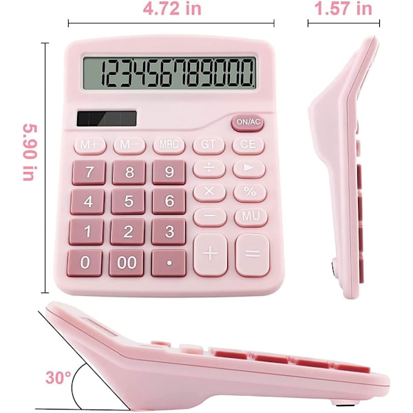 Kontorregnemaskiner til skrivebordet, 12-cifret regnemaskine med dobbelt strømforsyning og automatisk slukning, stort LCD-display, stor knap til kontor, hjem og skole Pink