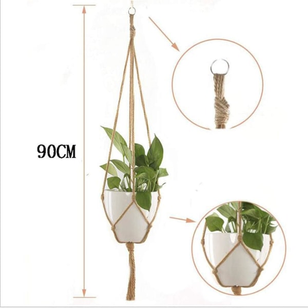 Macrame reb blomsterpot hængende kurv loft planteophæng vævet hamp reb netpose hængende holder plante balkon have dekoration (90cm)