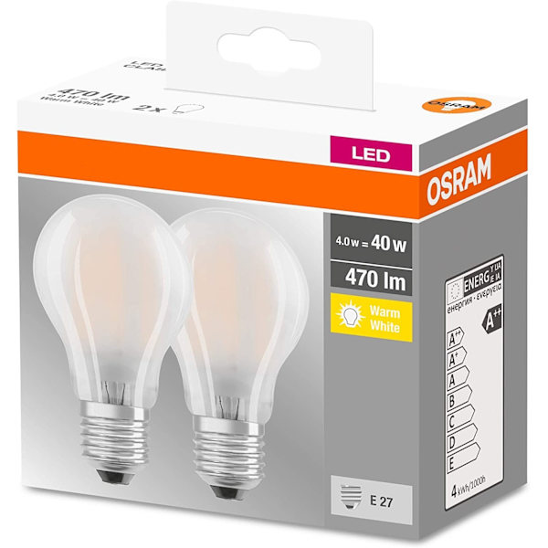 LED-lampa, klassisk form med skruvsockel: ersättning E27 4W, frostad, 2700 K, 2-pack