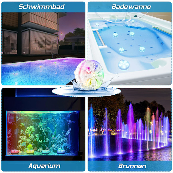 LED Pool Lampa Undervattenslampor, LED Poolbelysning med IP68 Vattentät, Flerfärgad RGB 16 LEDs, Extern Tätningsring, Sugkopp och Magnet 4 st