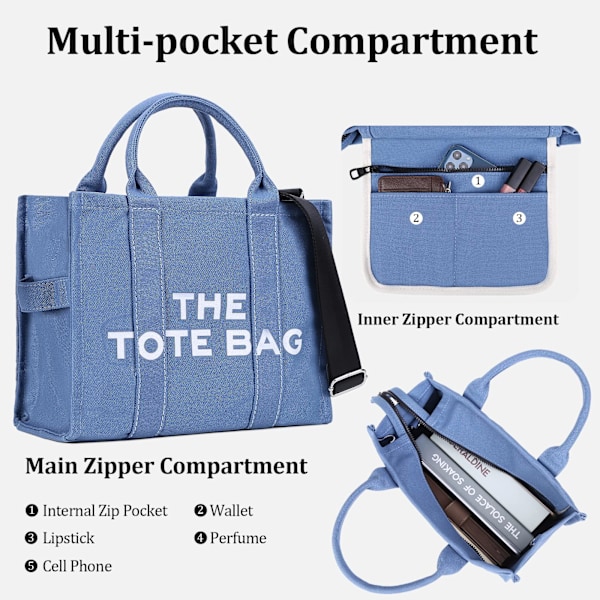 Canvas tasker til kvinder, afslappet canvas crossbody taske med lynlås, dobbelte skulderstropper, canvas skuldertasker til skole, shopping, arbejde, rejser
