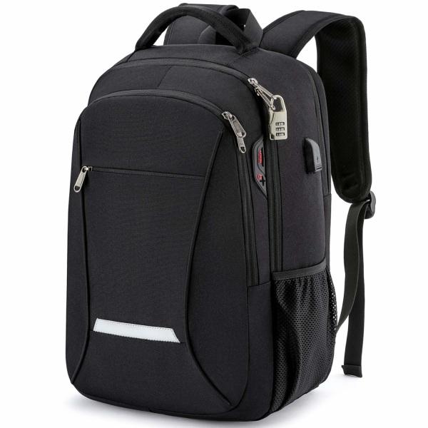 Resebärbar ryggsäck med USB laddning/hörlursport, hållbar vattentät högskoleväska för bärbar dator för kvinnor Passar 15,6 tums bärbar dator, svart
