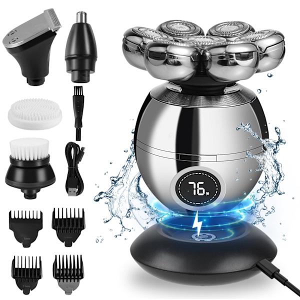 Hodebarbermaskin for menn, IPX7 vanntett våt/tørr elektrisk barbermaskin, oppgradert roterende barbermaskin skjeggpleiesett, trådløs lading barbermaskin for glatt hode