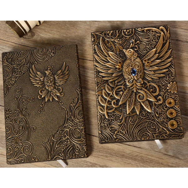 200 sider A5 vintage læder notesbog, 3D præget Phoenix notesbog rejsejournal bronze notesbog til fødselsdagsgaver